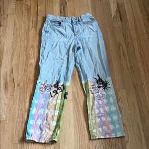 BDG Light Wash Jeans with Pastel Tie-Dye Hems and Black Graphic Accents